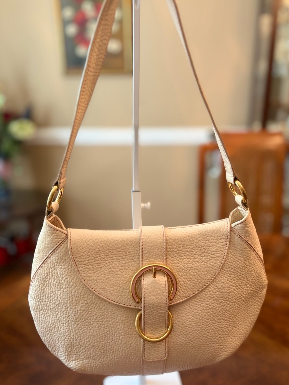 Elegant Apricot Furla Flap & Ring Hobo Pebbled Leather Shoulder Bag - EUC